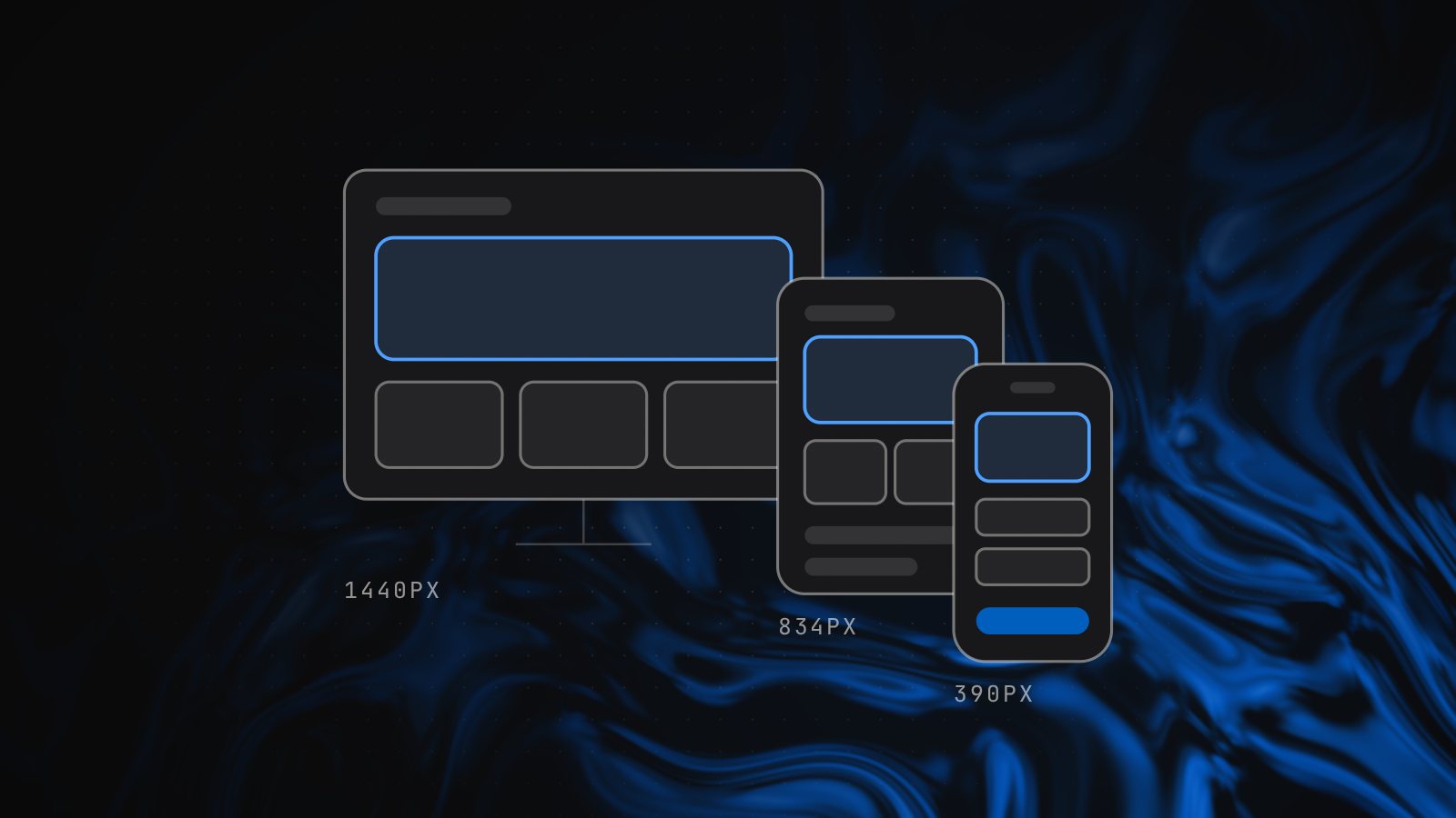 Illustration of the same page layout reflowing across a desktop monitor, a tablet and a phone
