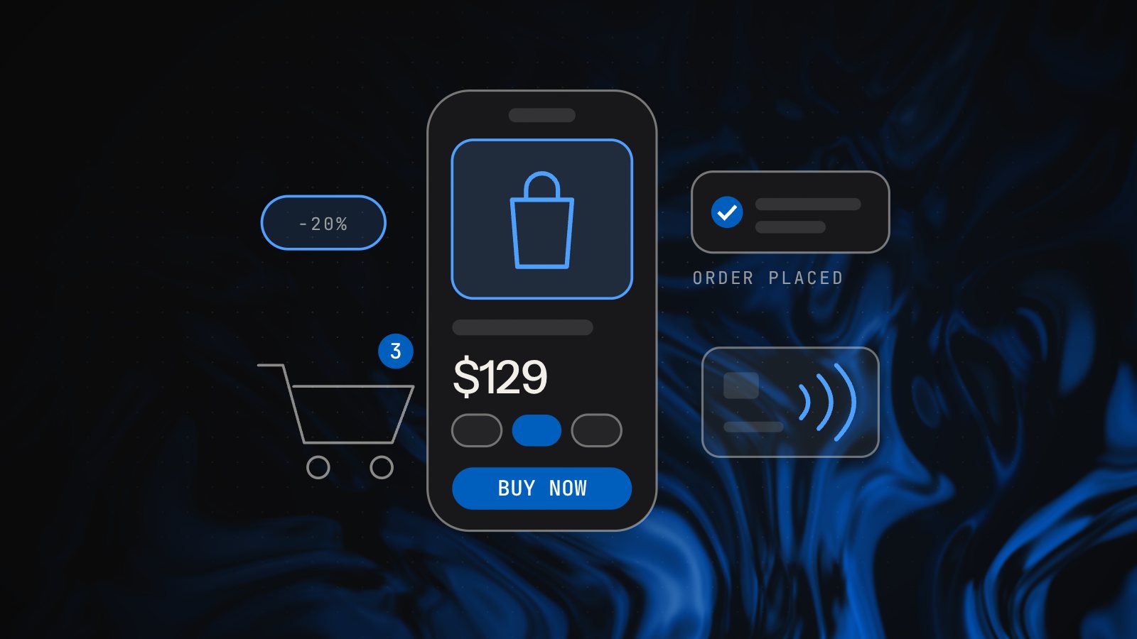Illustration of a shopping app product page with a buy button, a shopping cart, an order confirmation and a contactless card